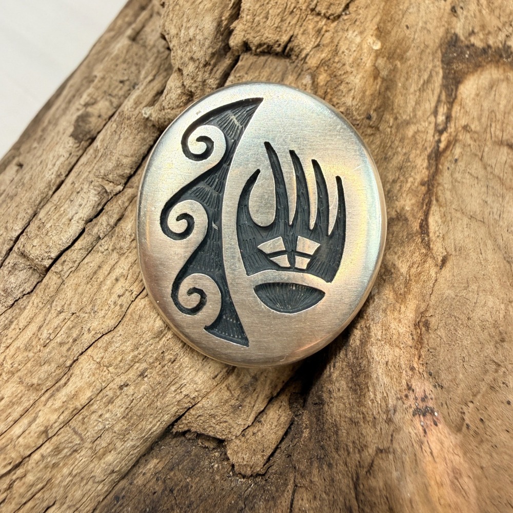 Carol Humeyestewa Hopi Sterling Silver Bear Paw Overlay Pin Pendant BU-LEE